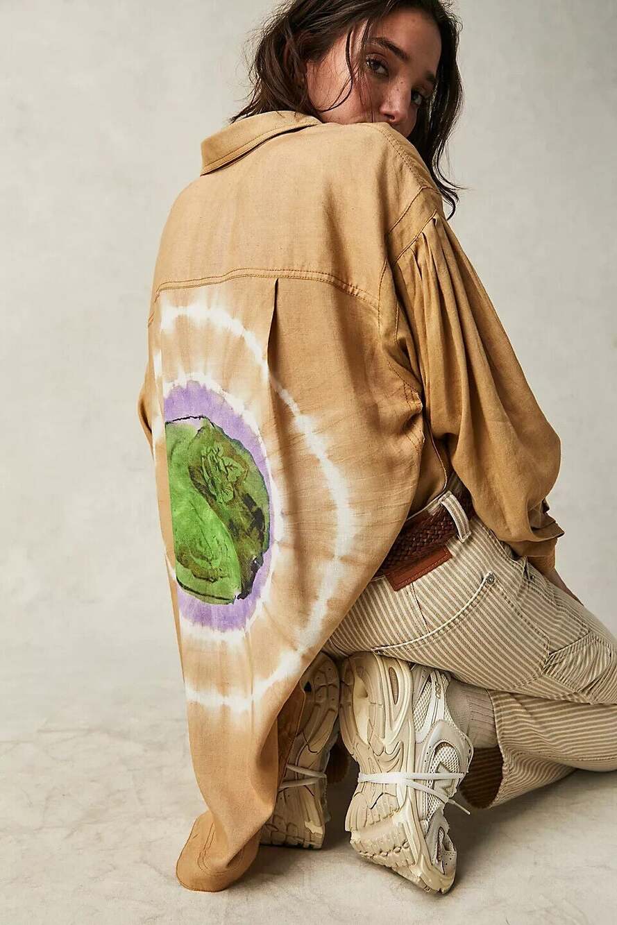 NEW NWT We the free Yin Yang Tie Dye Graphic Buttondown Oversized Shirt Size XS